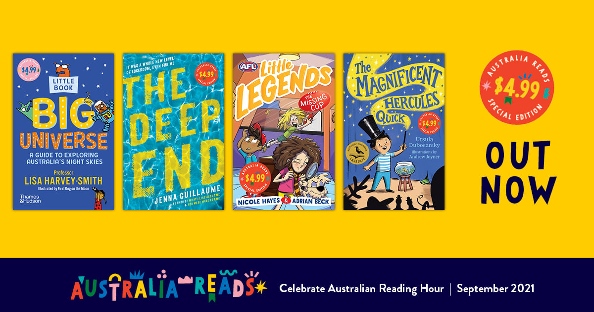 Promotional material for Australia Reads, featuring the four children's books released as Australia Reads Special Editions, at a $4.99 price point.
