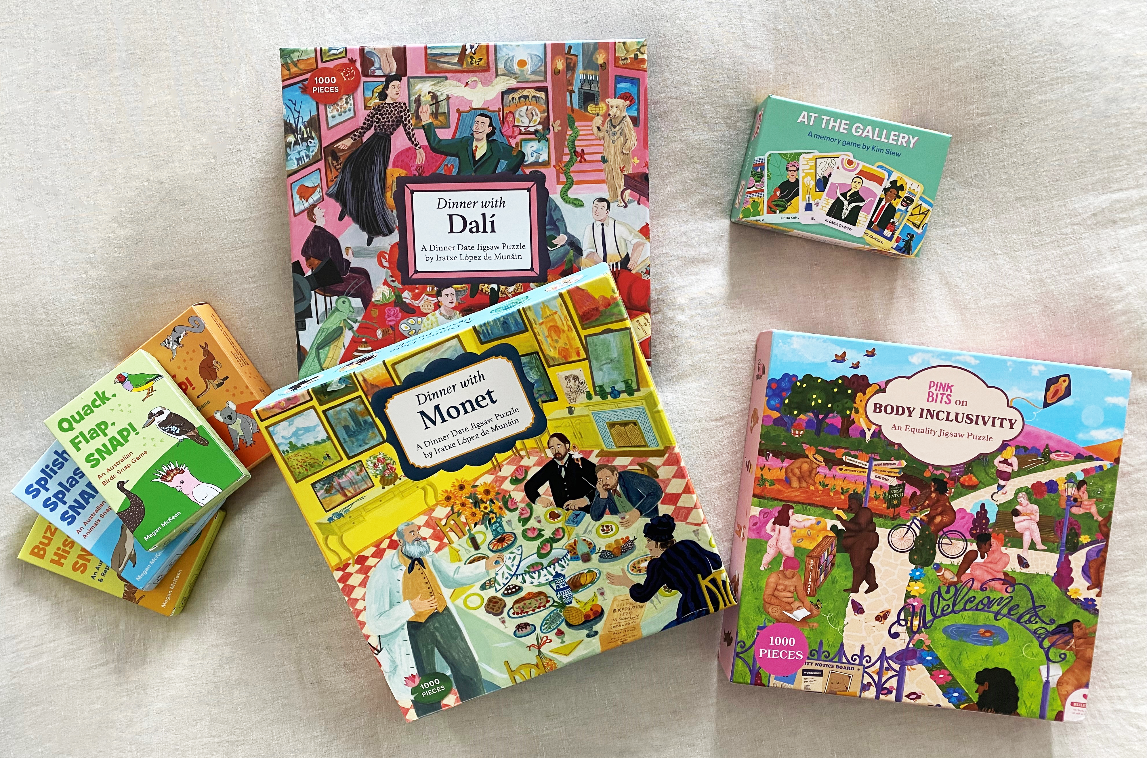 Photo of a series of gift products developed by Bianca Jafari, including games and jigsaws