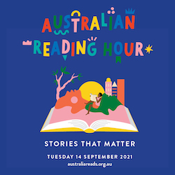 The Australian Reading Hour logo, above a landscape atop an open book.  Below this, text reads 'Stories that Matter' and the date of the event.