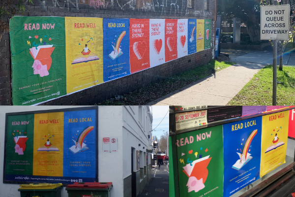 A series of photographs, showing posters for Australia Reads! in city locations.