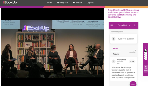 A screenshot of the BookUp Online streaming page. The page is made up of a large video player, which is currently playing the Cancel Culture and Freedom to Publish panel. There is a comment section to the right of the player.