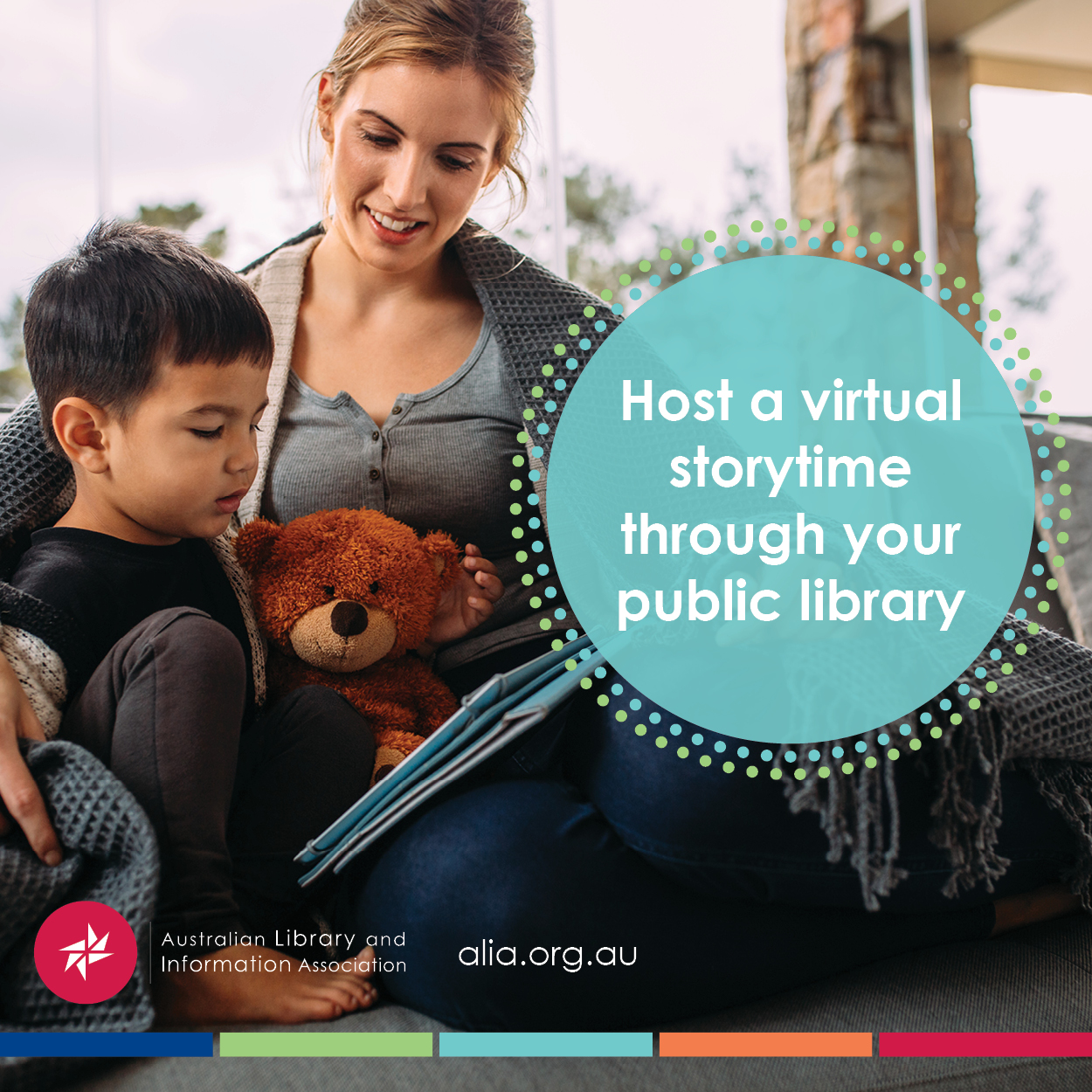 A photograph of a woman and child reading a book. White text in a blue circle reads 'Host a virtual storytime through your public library'.