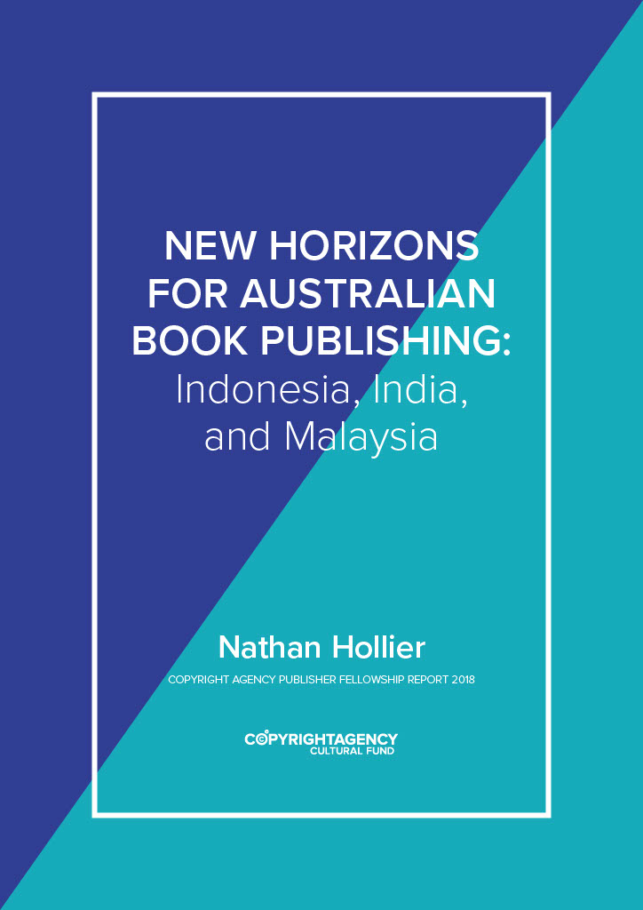 A document cover: The page is split diagonally into dark blue and teal sections, white text reads: NEW HORIZONS FOR AUSTRALIAN BOOK PUBLISHING: Indonesia, India, and Malaysia.