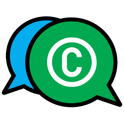 A white Copyright icon, a C within a circle, within a green speech bubble